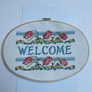 Handmade Home Cross Stitch Ring Art Welcome Floral Decor